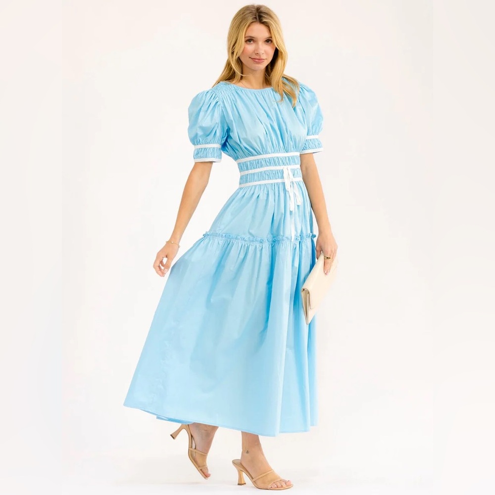 106 • Sky Blue Puff-Sleeve Maxi Dress | Grecian Bow Cotton Romantic Summer Dress